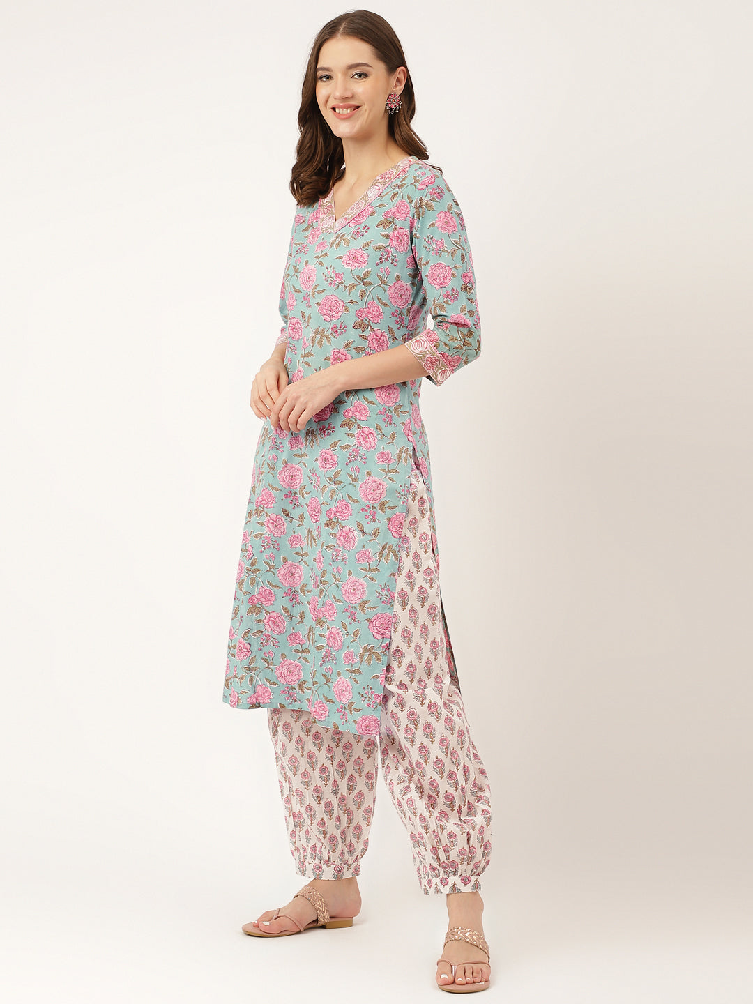 Noe Velarro Blue Hand Block Floral Print Cotton Kurta, Salwar With Dupatta