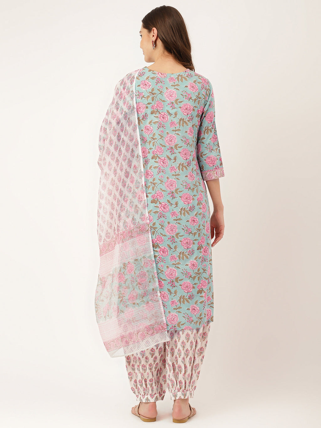 Noe Velarro Blue Hand Block Floral Print Cotton Kurta, Salwar With Dupatta