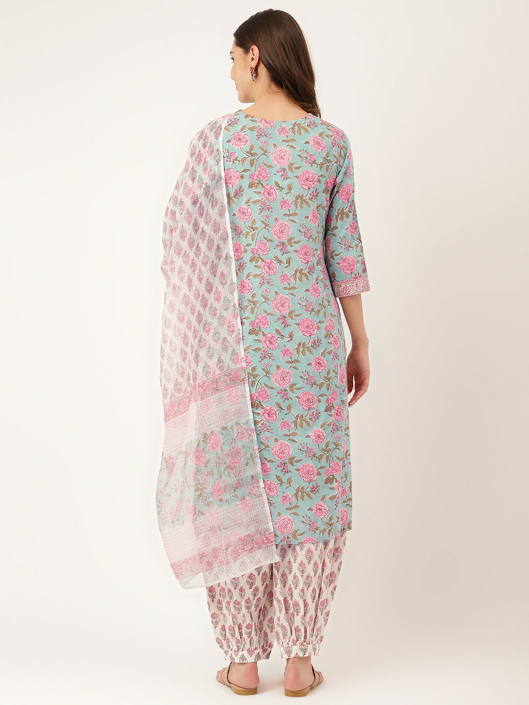 Noe Velarro Blue Hand Block Floral Print Cotton Kurta, Salwar With Dupatta