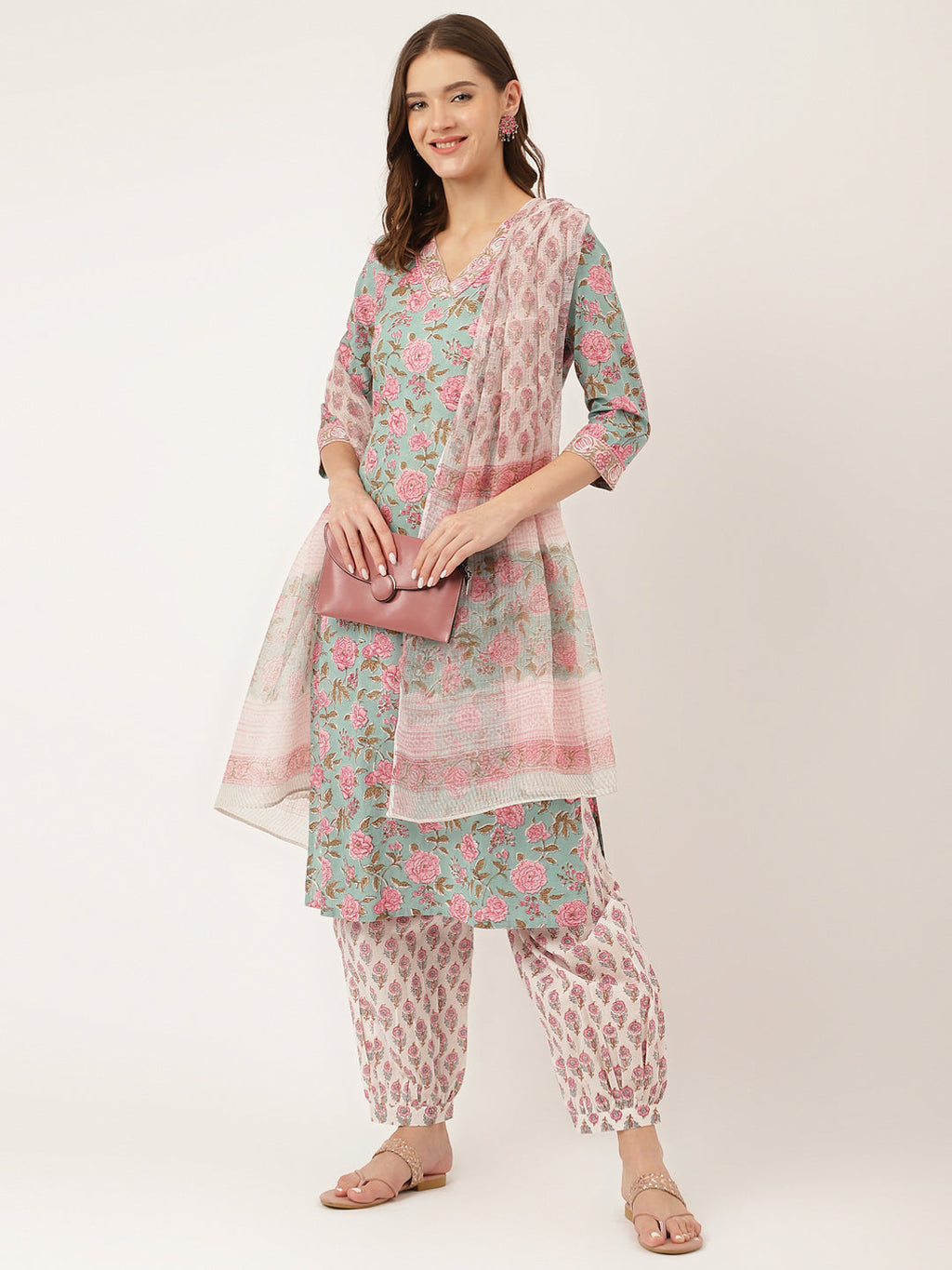 Noe Velarro Blue Hand Block Floral Print Cotton Kurta, Salwar With Dupatta
