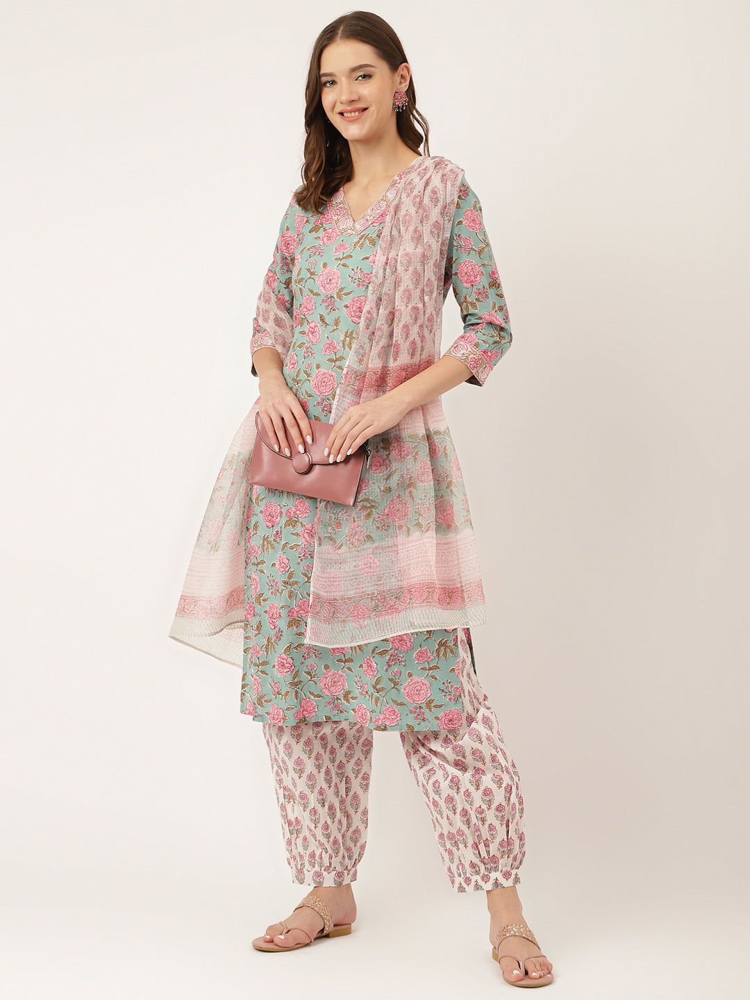 Noe Velarro Blue Hand Block Floral Print Cotton Kurta, Salwar With Dupatta