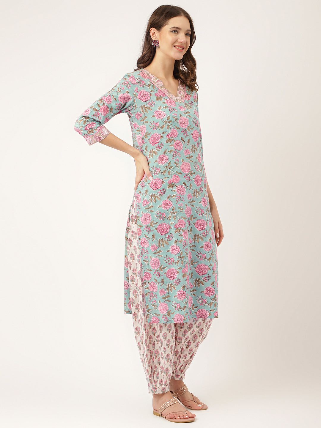 Noe Velarro Blue Hand Block Floral Print Cotton Kurta, Salwar With Dupatta