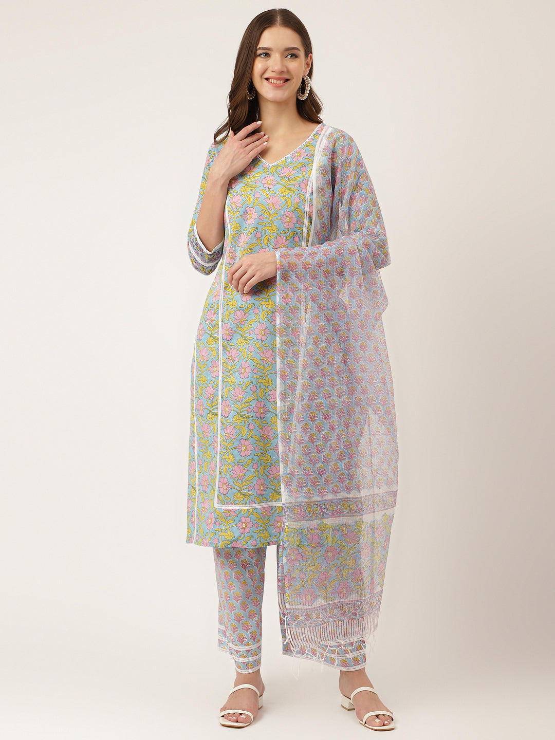 Noe Velarro Blue Hand-Block Floral Print Cotton  Kurta, Trouser & Dupatta