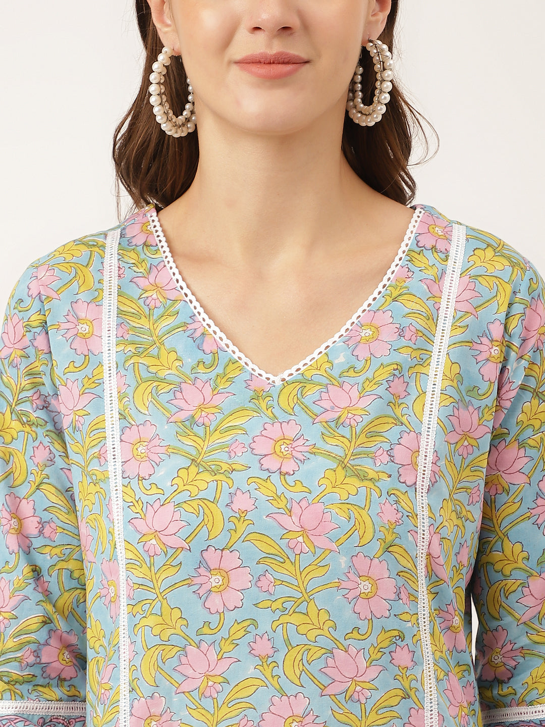 Noe Velarro Blue Hand-Block Floral Print Cotton  Kurta, Trouser & Dupatta