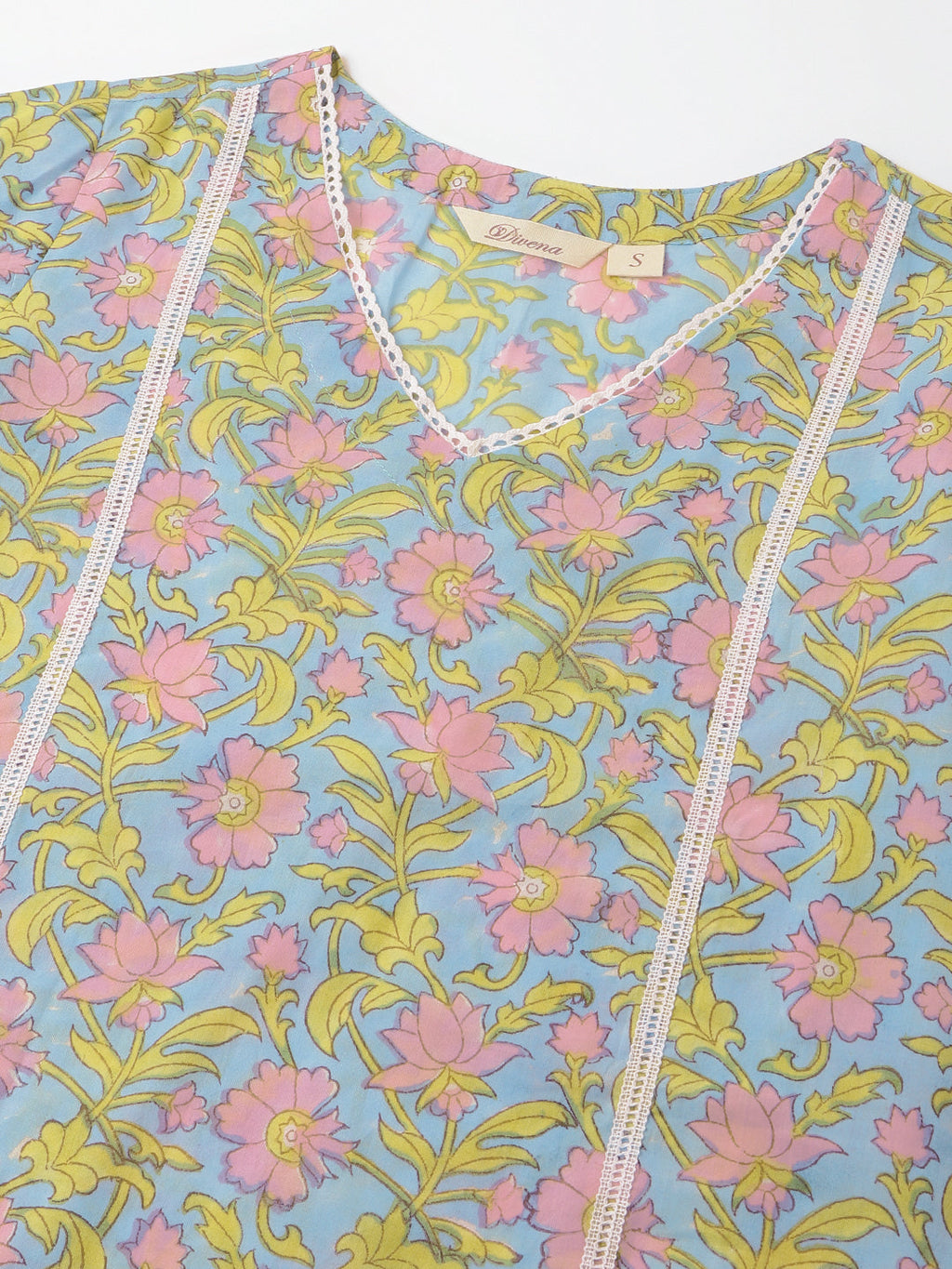 Noe Velarro Blue Hand-Block Floral Print Cotton  Kurta, Trouser & Dupatta