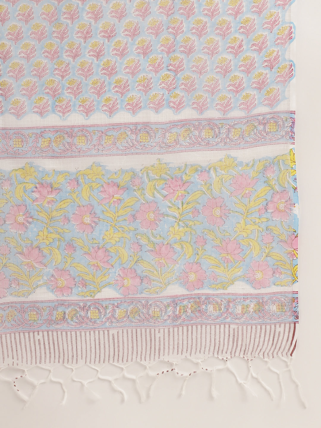 Noe Velarro Blue Hand-Block Floral Print Cotton  Kurta, Trouser & Dupatta