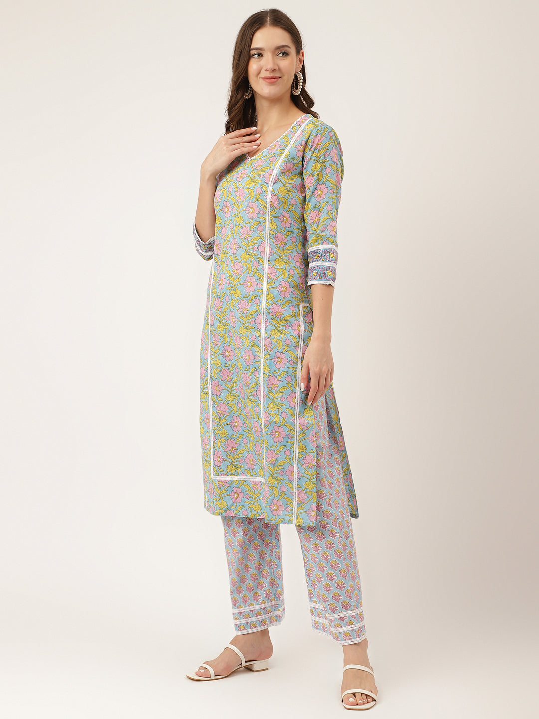 Noe Velarro Blue Hand-Block Floral Print Cotton  Kurta, Trouser & Dupatta