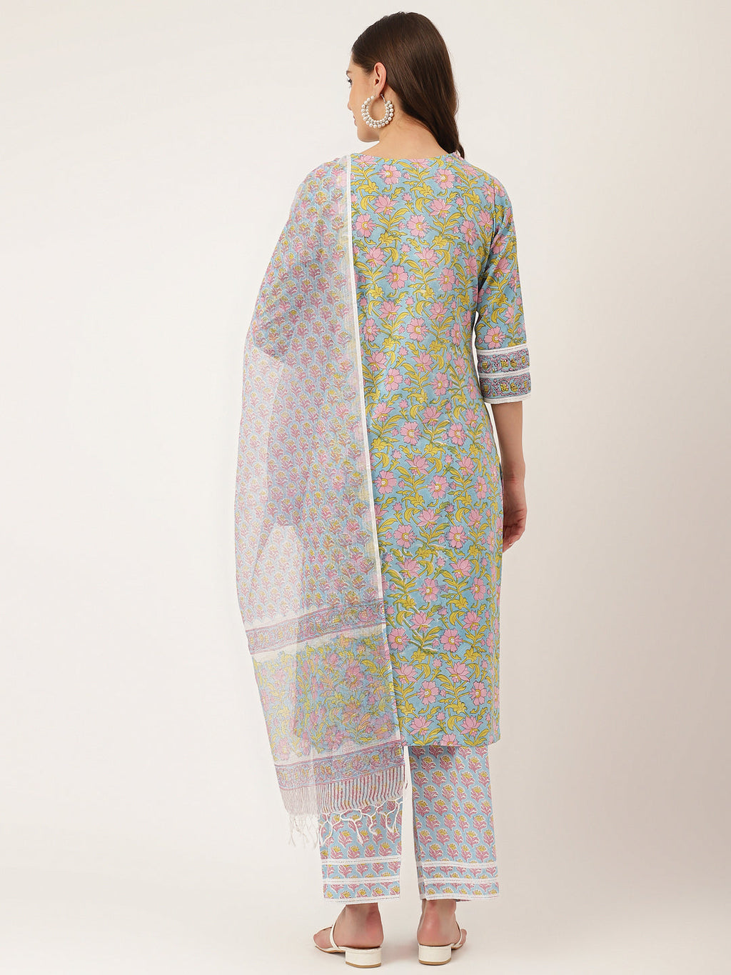 Noe Velarro Blue Hand-Block Floral Print Cotton  Kurta, Trouser & Dupatta