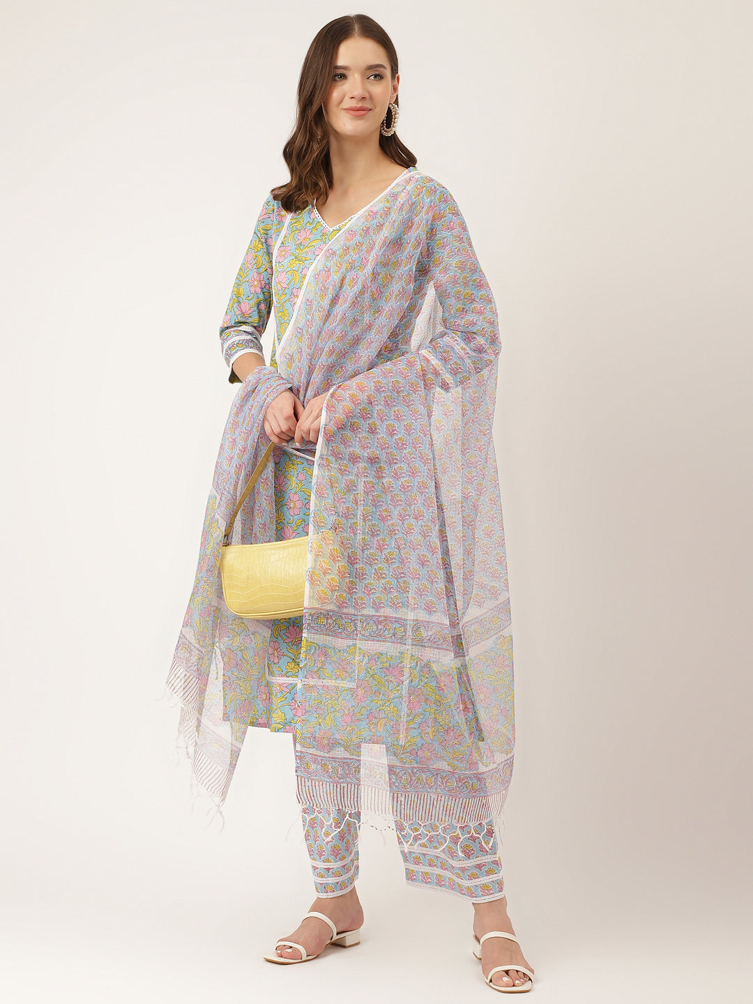 Noe Velarro Blue Hand-Block Floral Print Cotton  Kurta, Trouser & Dupatta