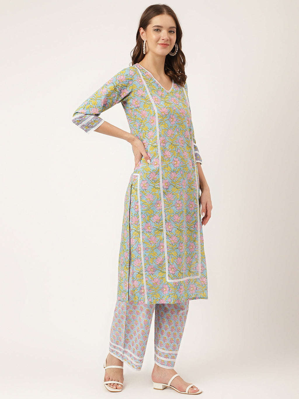 Noe Velarro Blue Hand-Block Floral Print Cotton  Kurta, Trouser & Dupatta