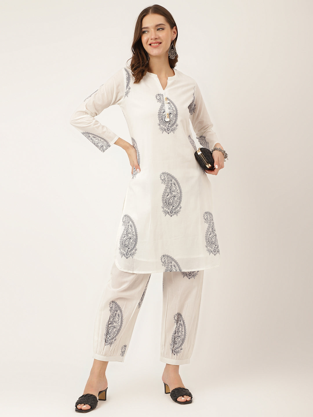 Noe Velarro White Paisley Print Cotton Co-ord Set with Mulmul Cotton Lining