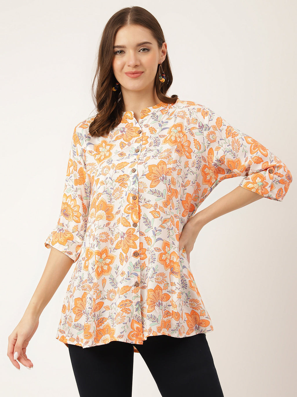 Noe Velarro Orange Floral Print Rayon Regular Top