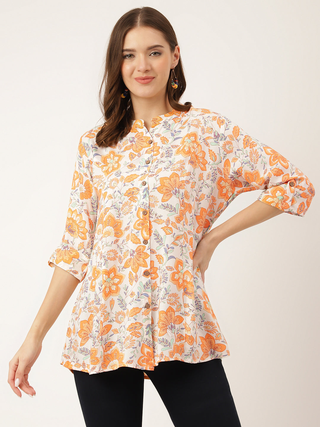 Noe Velarro Orange Floral Print Rayon Regular Top