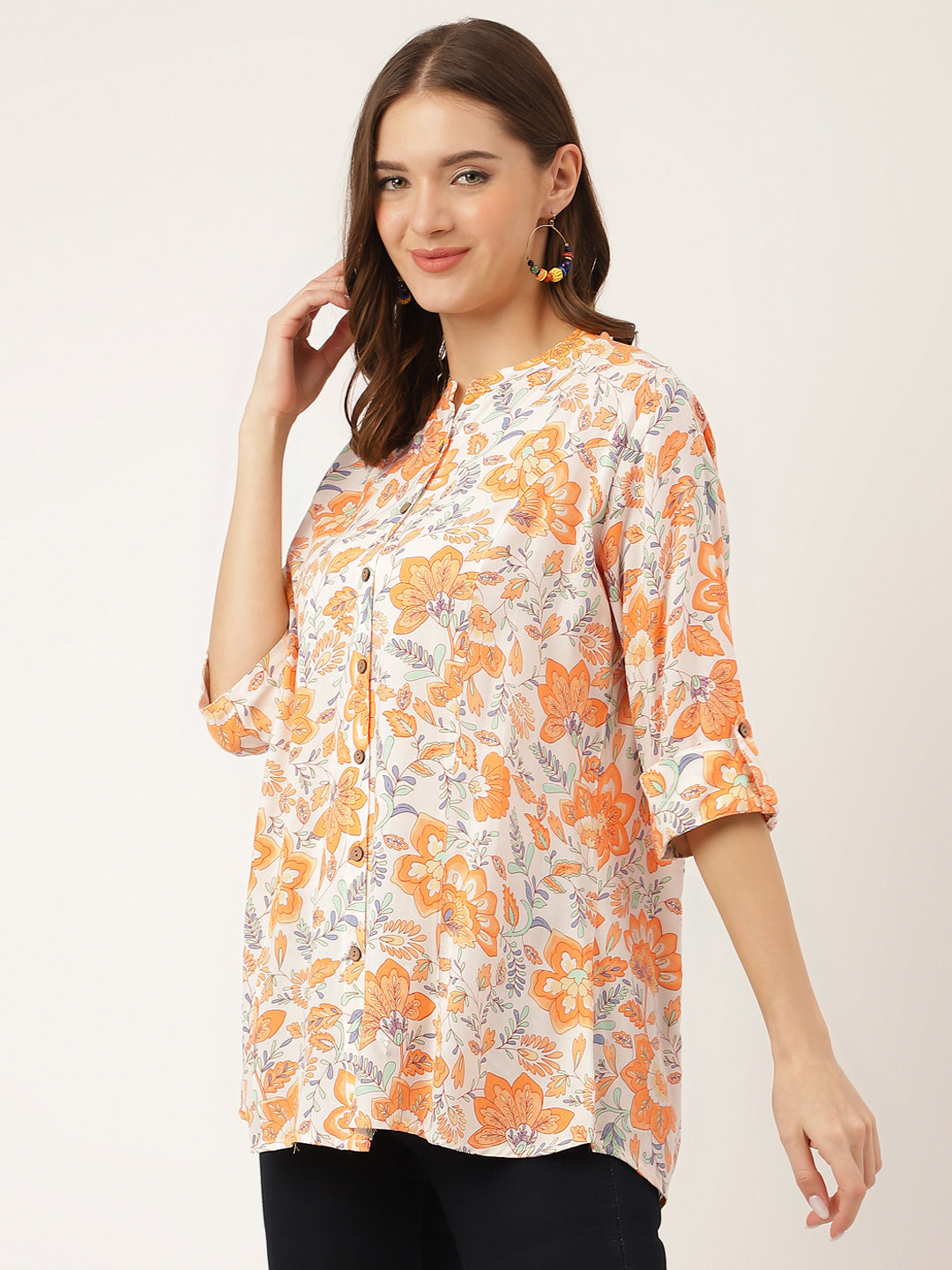 Noe Velarro Orange Floral Print Rayon Regular Top