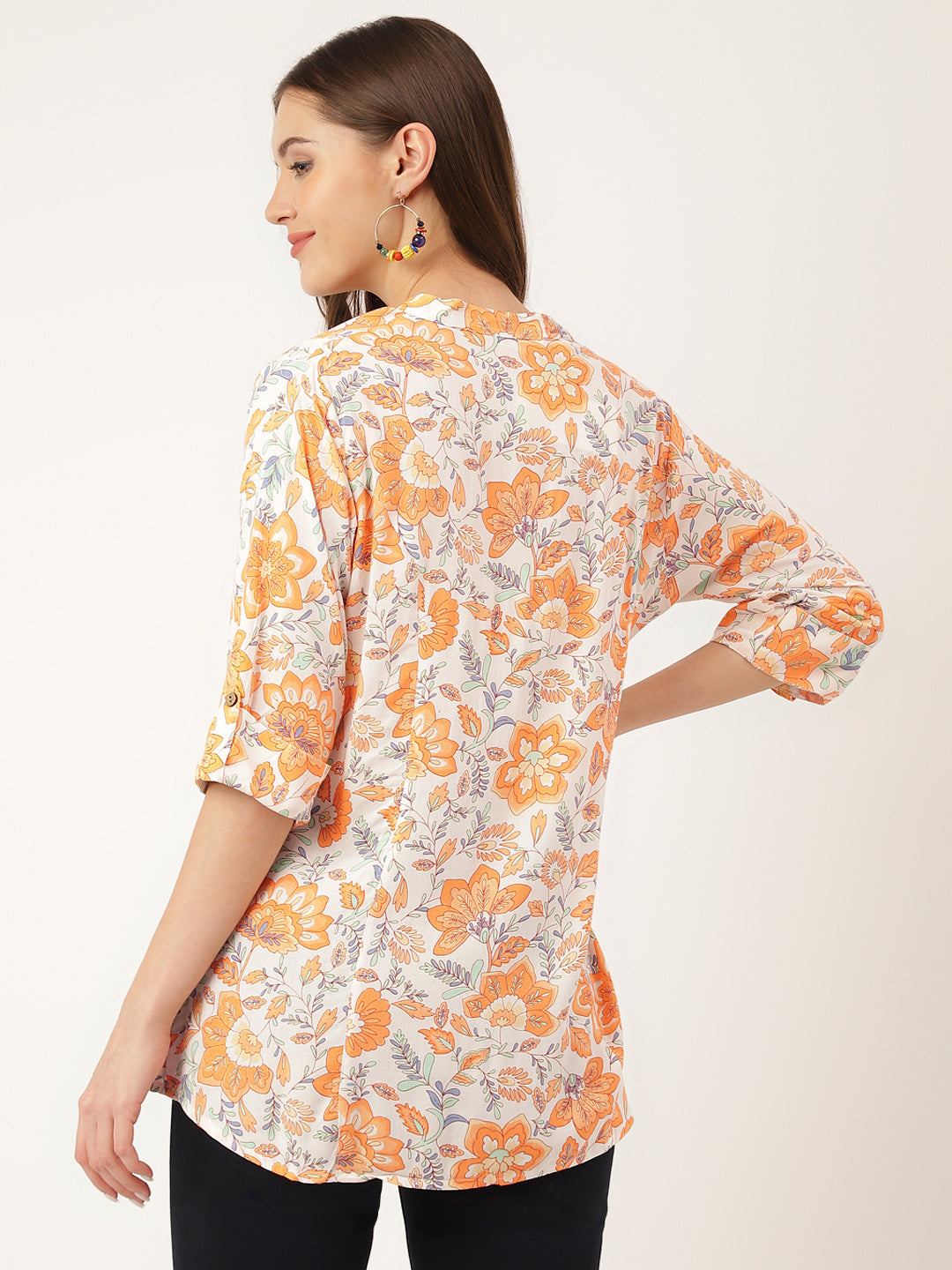Noe Velarro Orange Floral Print Rayon Regular Top