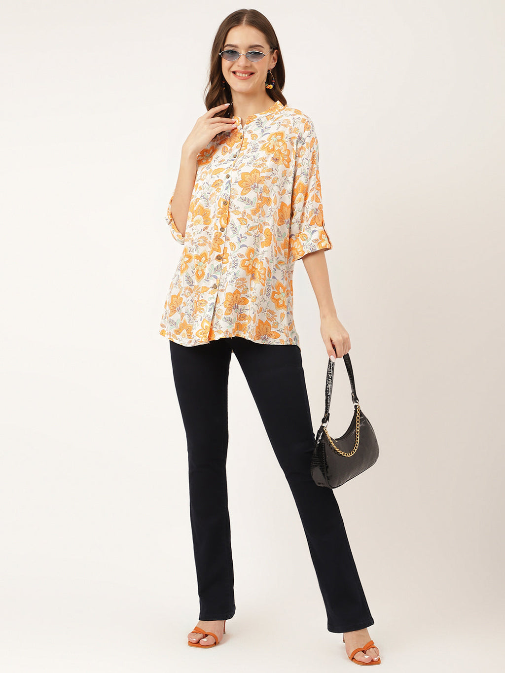 Noe Velarro Orange Floral Print Rayon Regular Top