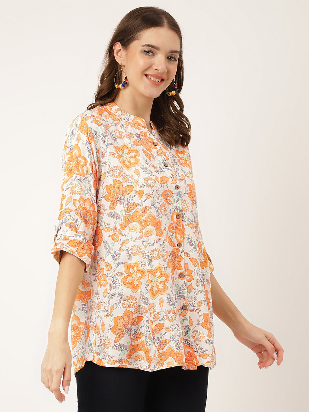 Noe Velarro Orange Floral Print Rayon Regular Top