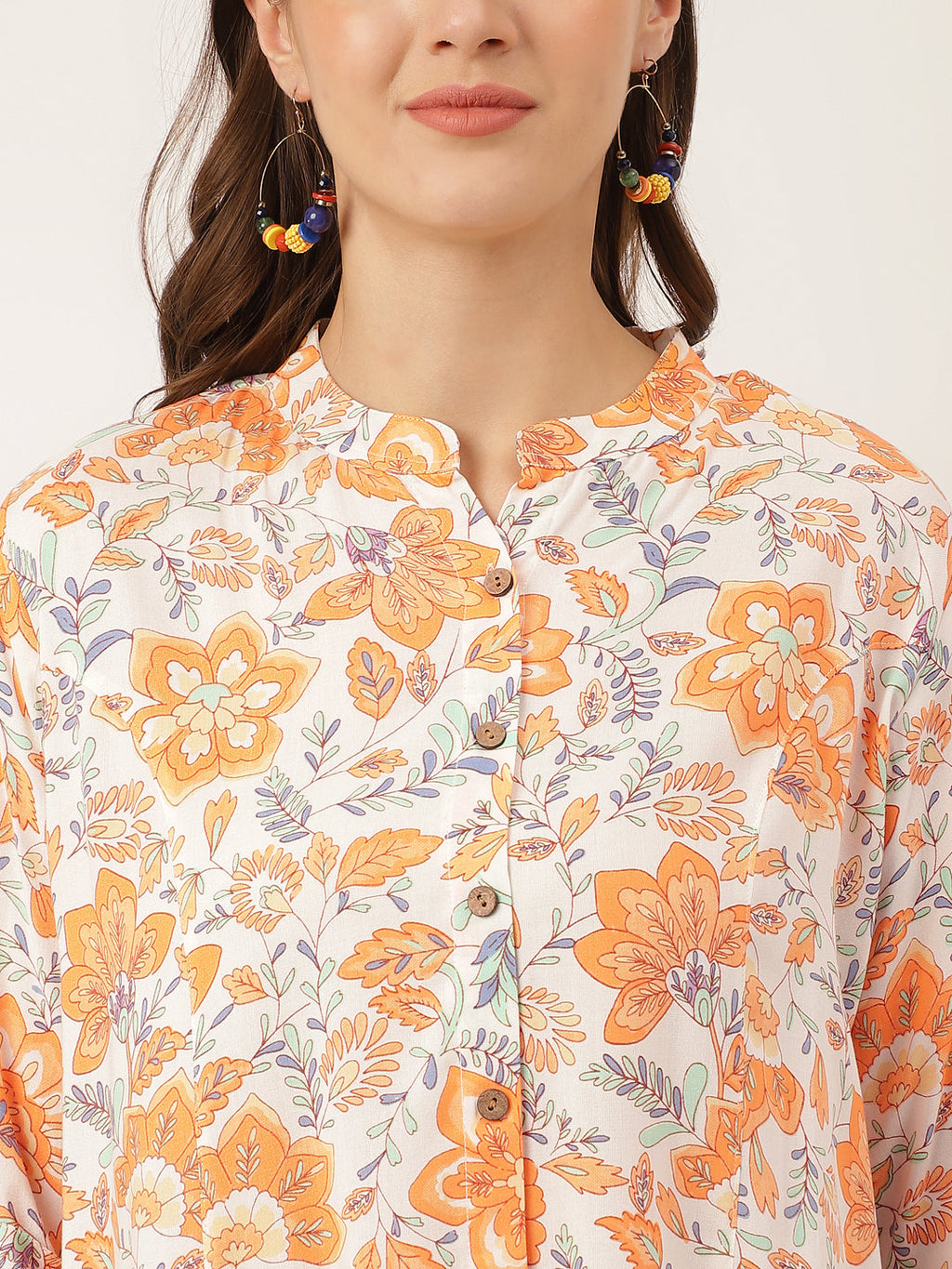 Noe Velarro Orange Floral Print Rayon Regular Top