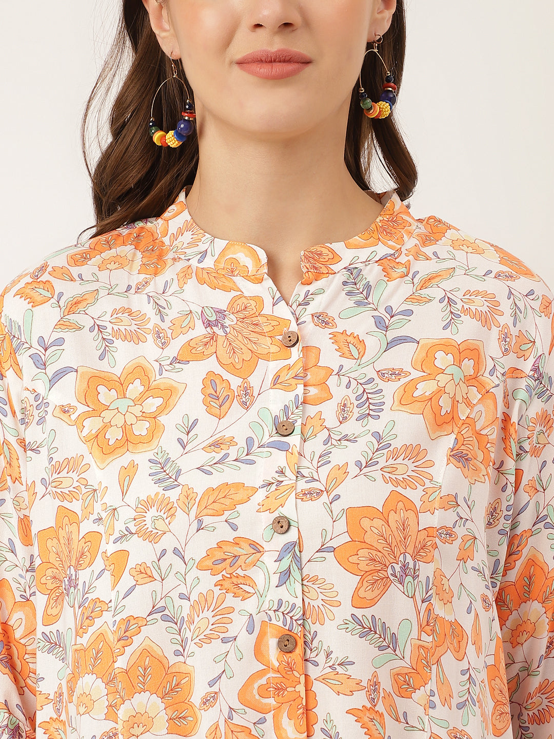 Noe Velarro Orange Floral Print Rayon Regular Top