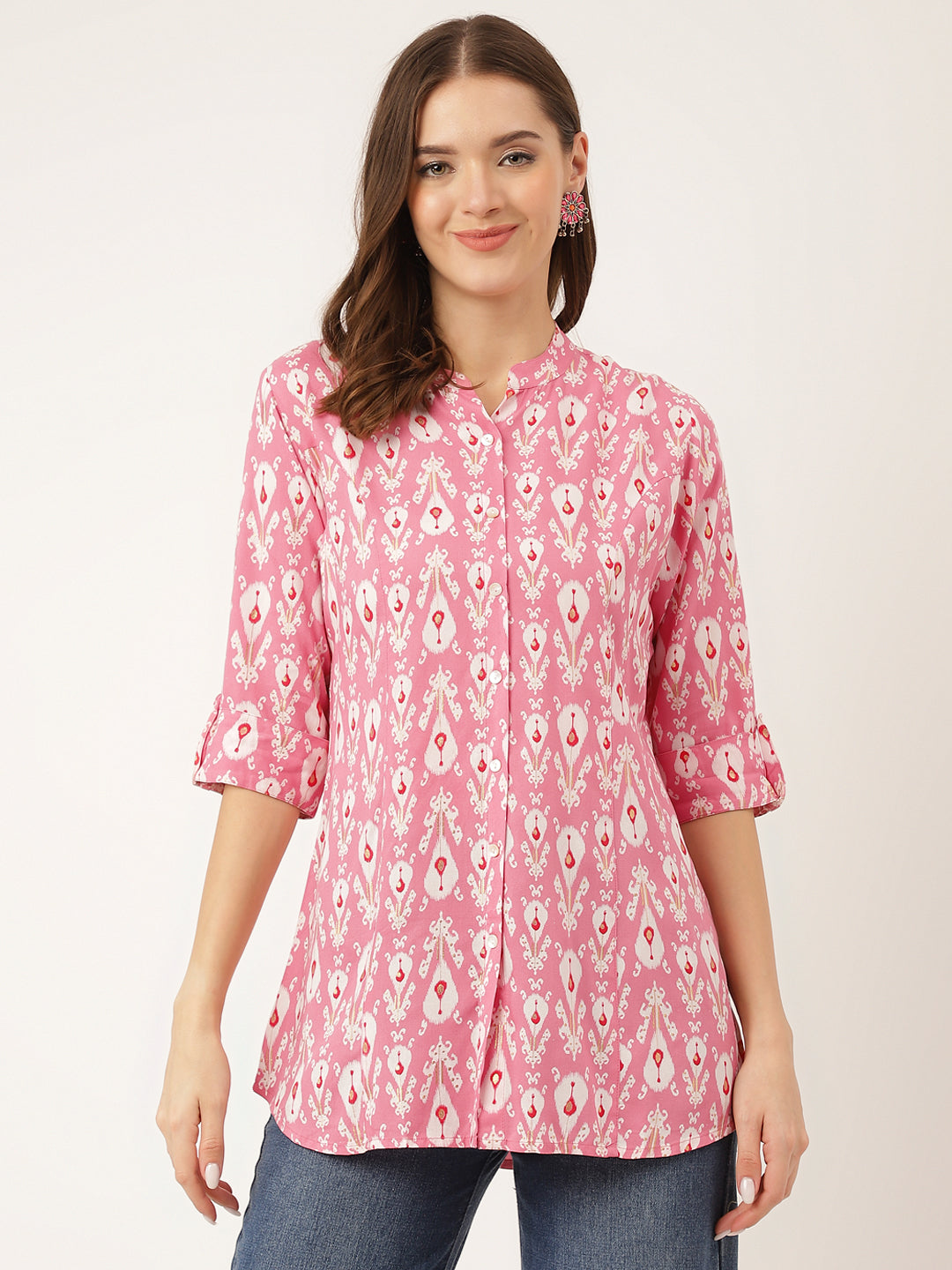 Noe Velarro Pink Floral Print Rayon Regular Top