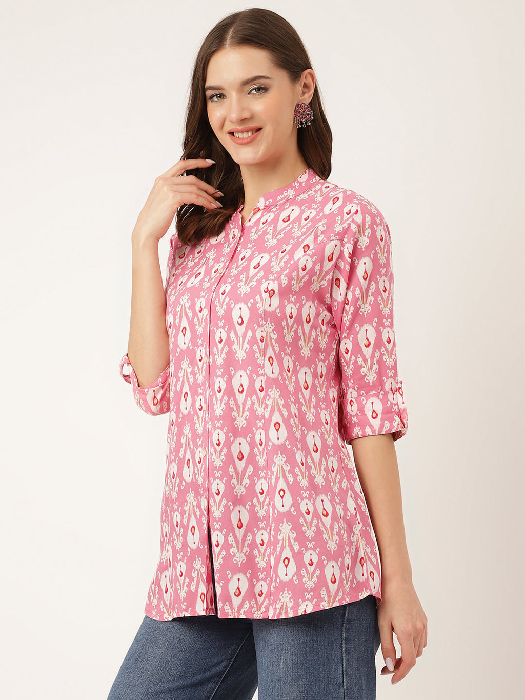 Noe Velarro Pink Floral Print Rayon Regular Top