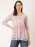 Noe Velarro Pink Floral Print Cotton Peplum Top with Pintuck Detailing
