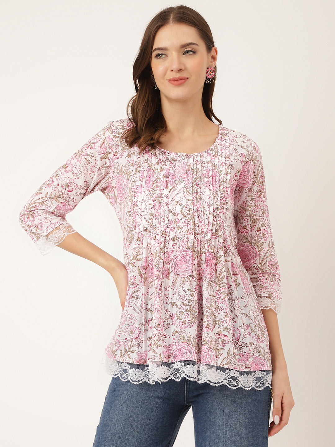Noe Velarro Pink Floral Print Cotton Peplum Top with Pintuck Detailing