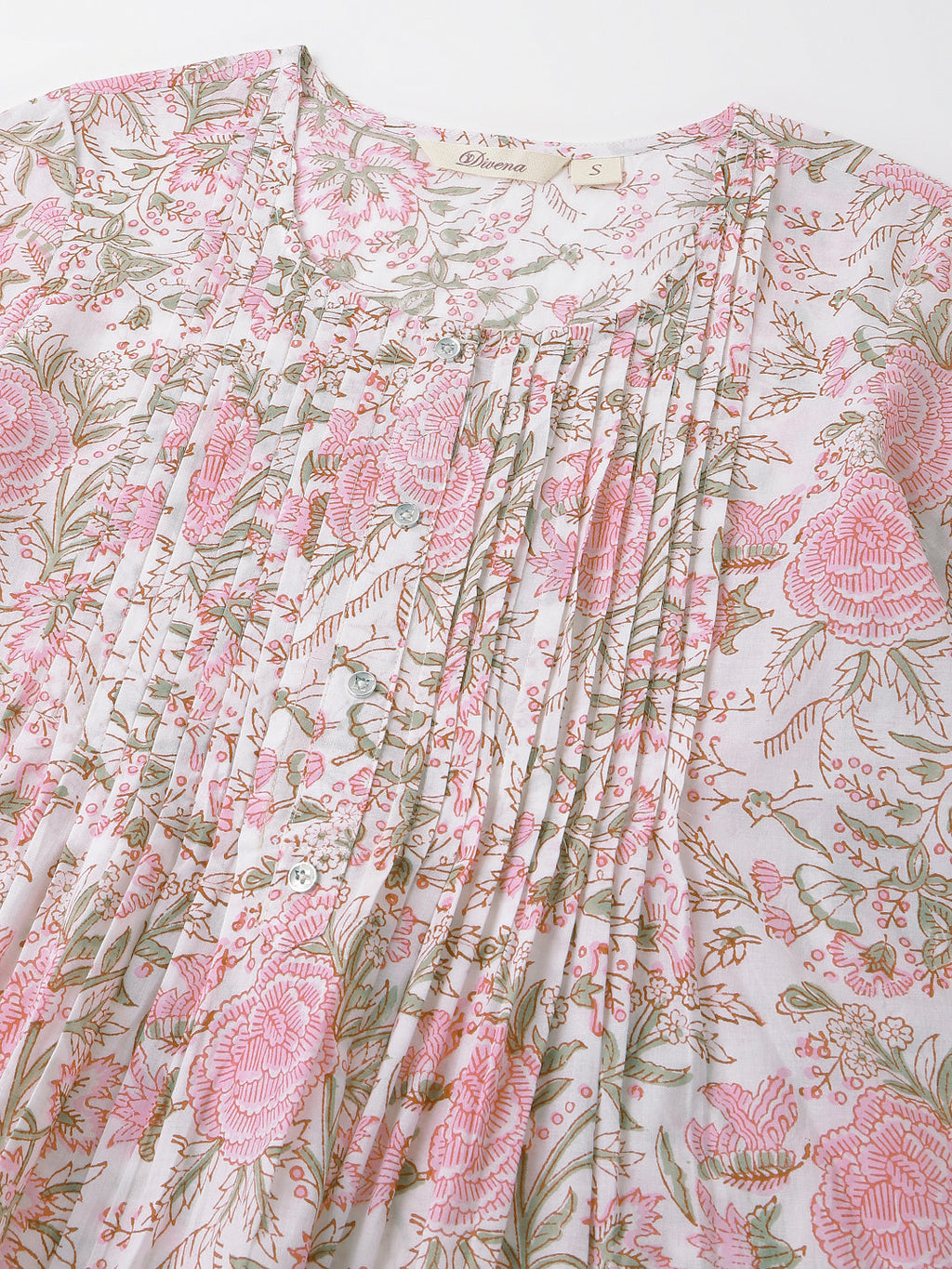 Noe Velarro Pink Floral Print Cotton Peplum Top with Pintuck Detailing