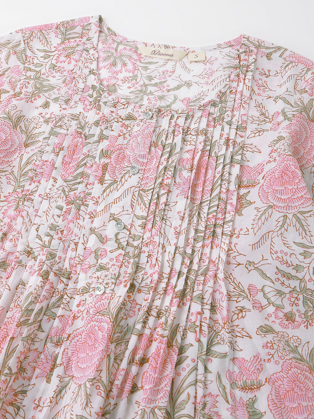 Noe Velarro Pink Floral Print Cotton Peplum Top with Pintuck Detailing