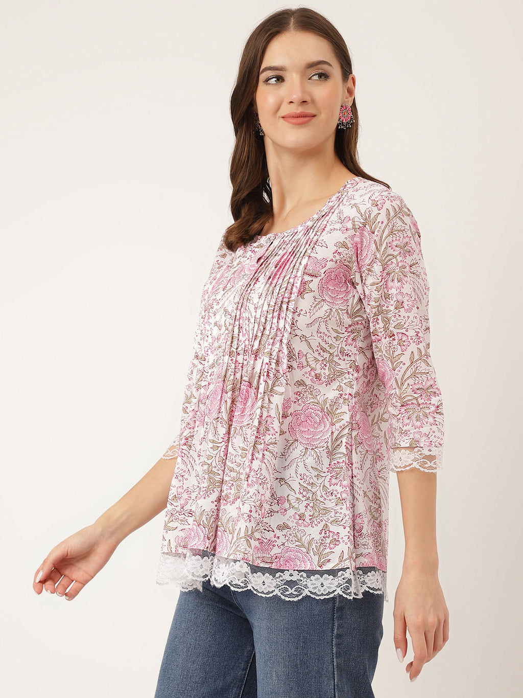 Noe Velarro Pink Floral Print Cotton Peplum Top with Pintuck Detailing