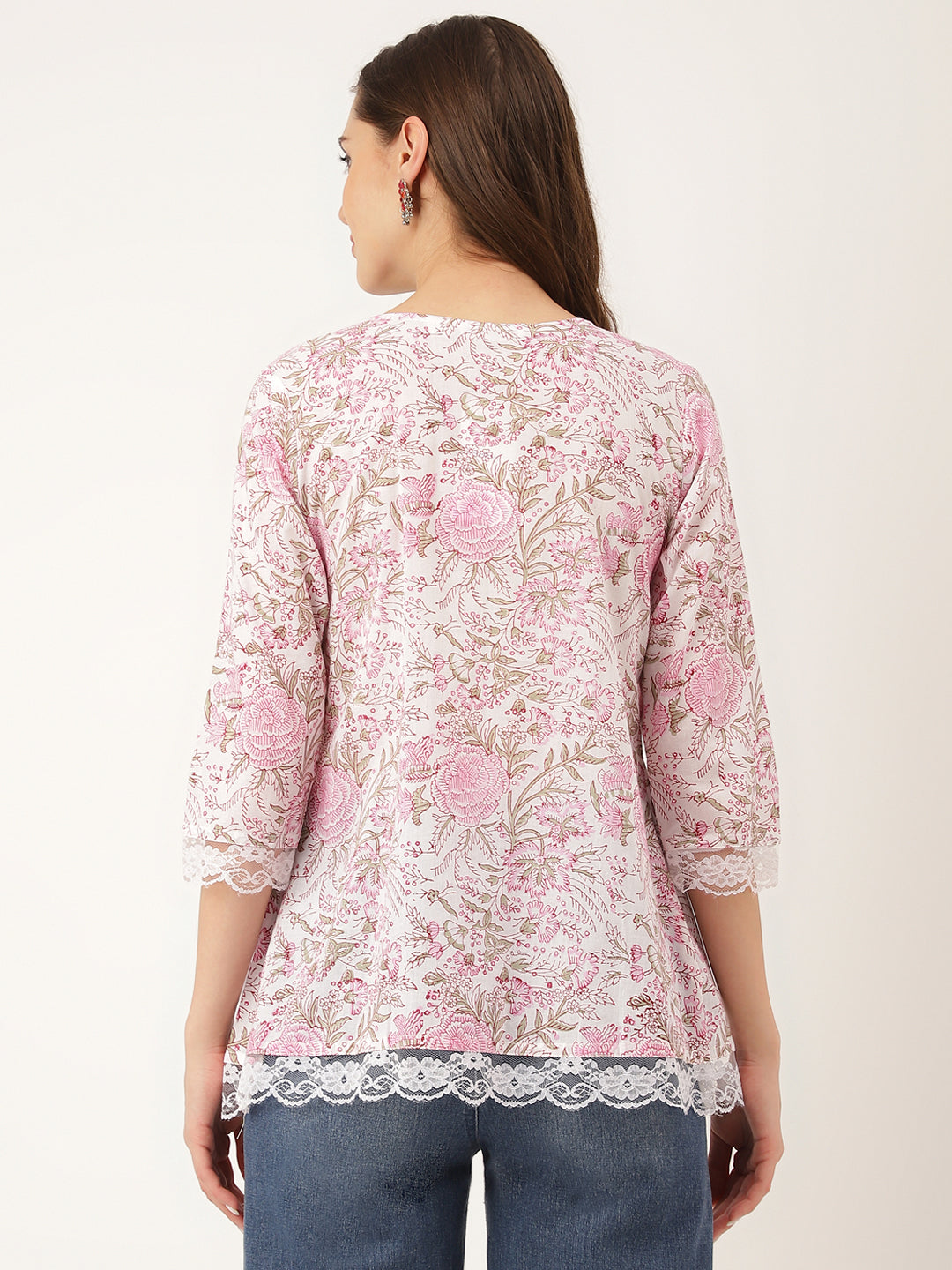 Noe Velarro Pink Floral Print Cotton Peplum Top with Pintuck Detailing