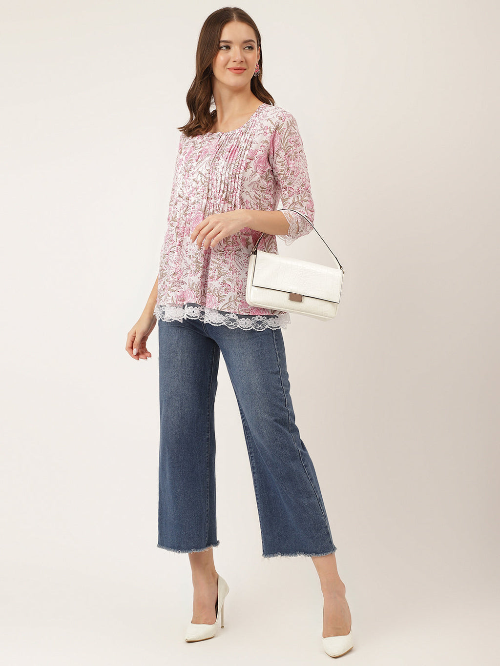 Noe Velarro Pink Floral Print Cotton Peplum Top with Pintuck Detailing