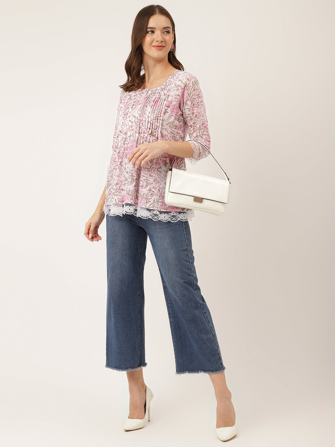 Noe Velarro Pink Floral Print Cotton Peplum Top with Pintuck Detailing