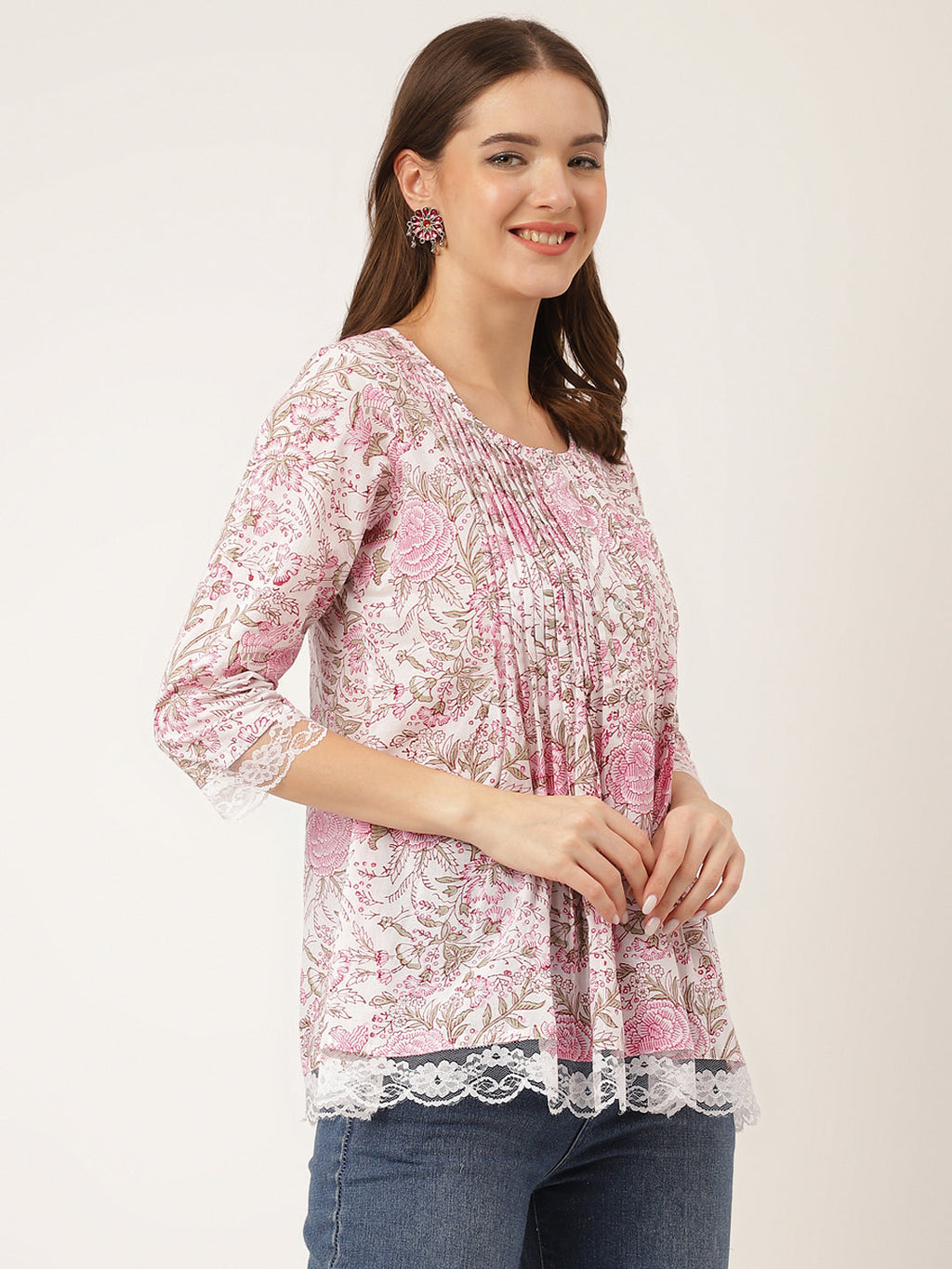 Noe Velarro Pink Floral Print Cotton Peplum Top with Pintuck Detailing