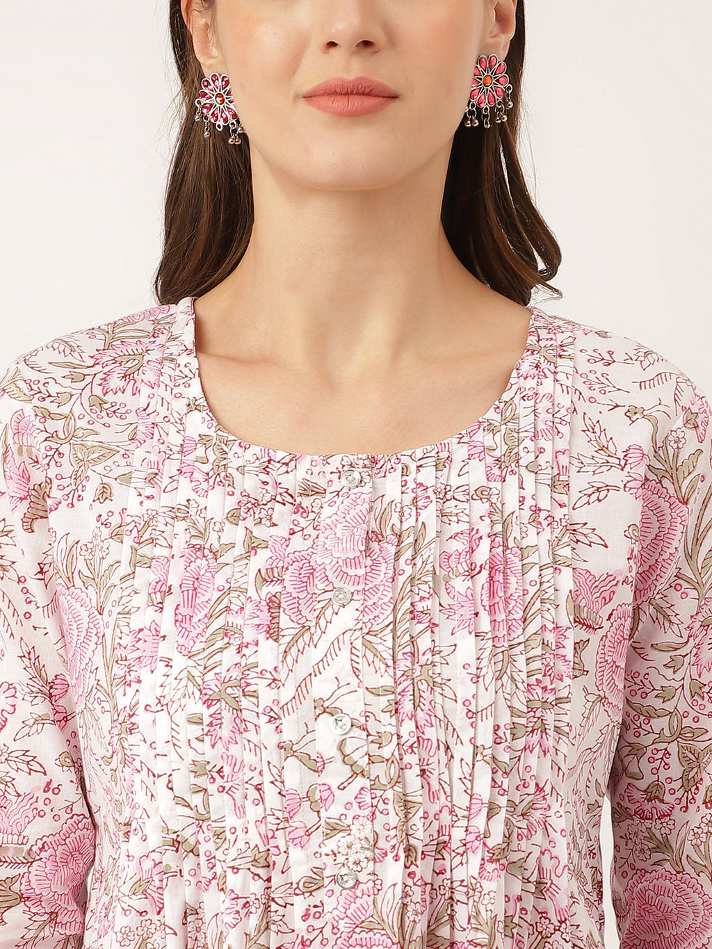 Noe Velarro Pink Floral Print Cotton Peplum Top with Pintuck Detailing