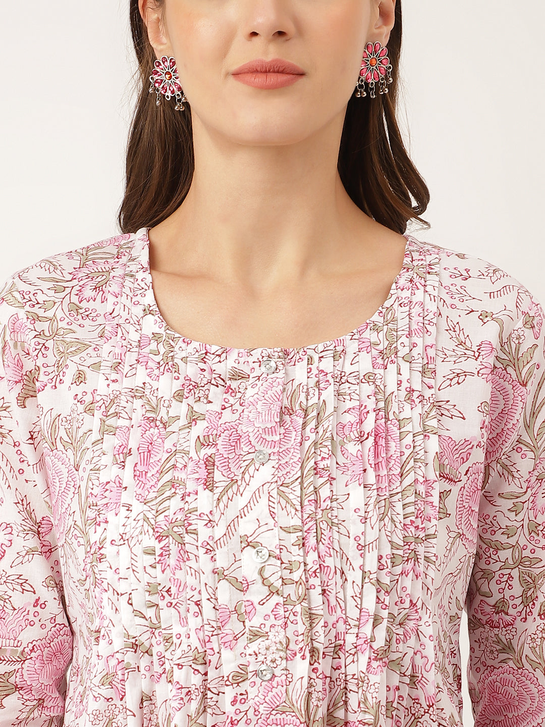 Noe Velarro Pink Floral Print Cotton Peplum Top with Pintuck Detailing