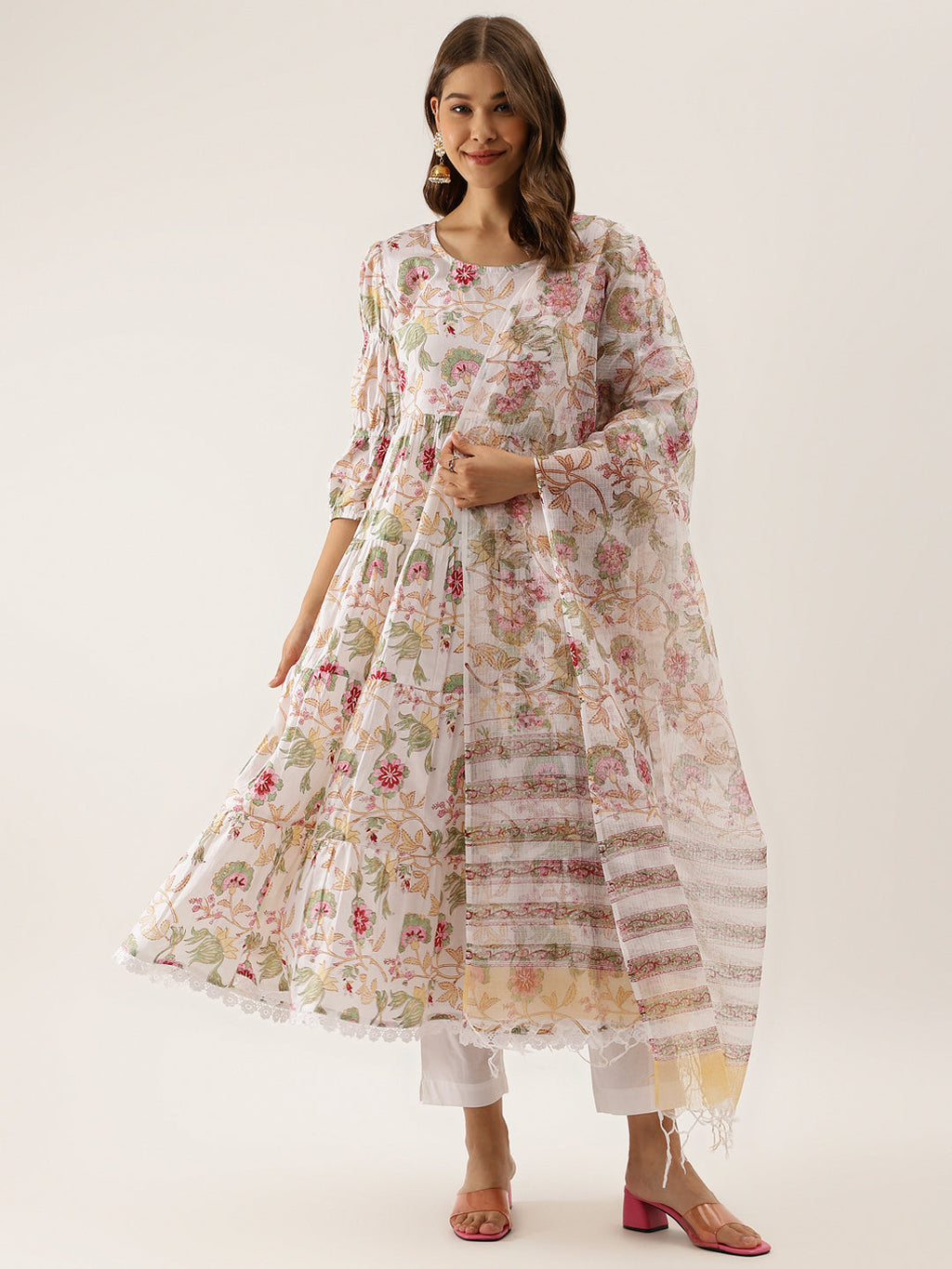 Noe Velarro White Handblock Floral Printed Cotton Anarkali Kurta Set with Kota Doria Dupatta