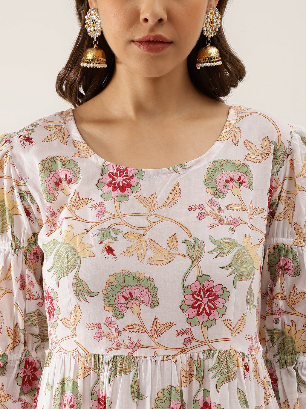 Noe Velarro White Handblock Floral Printed Cotton Anarkali Kurta Set with Kota Doria Dupatta