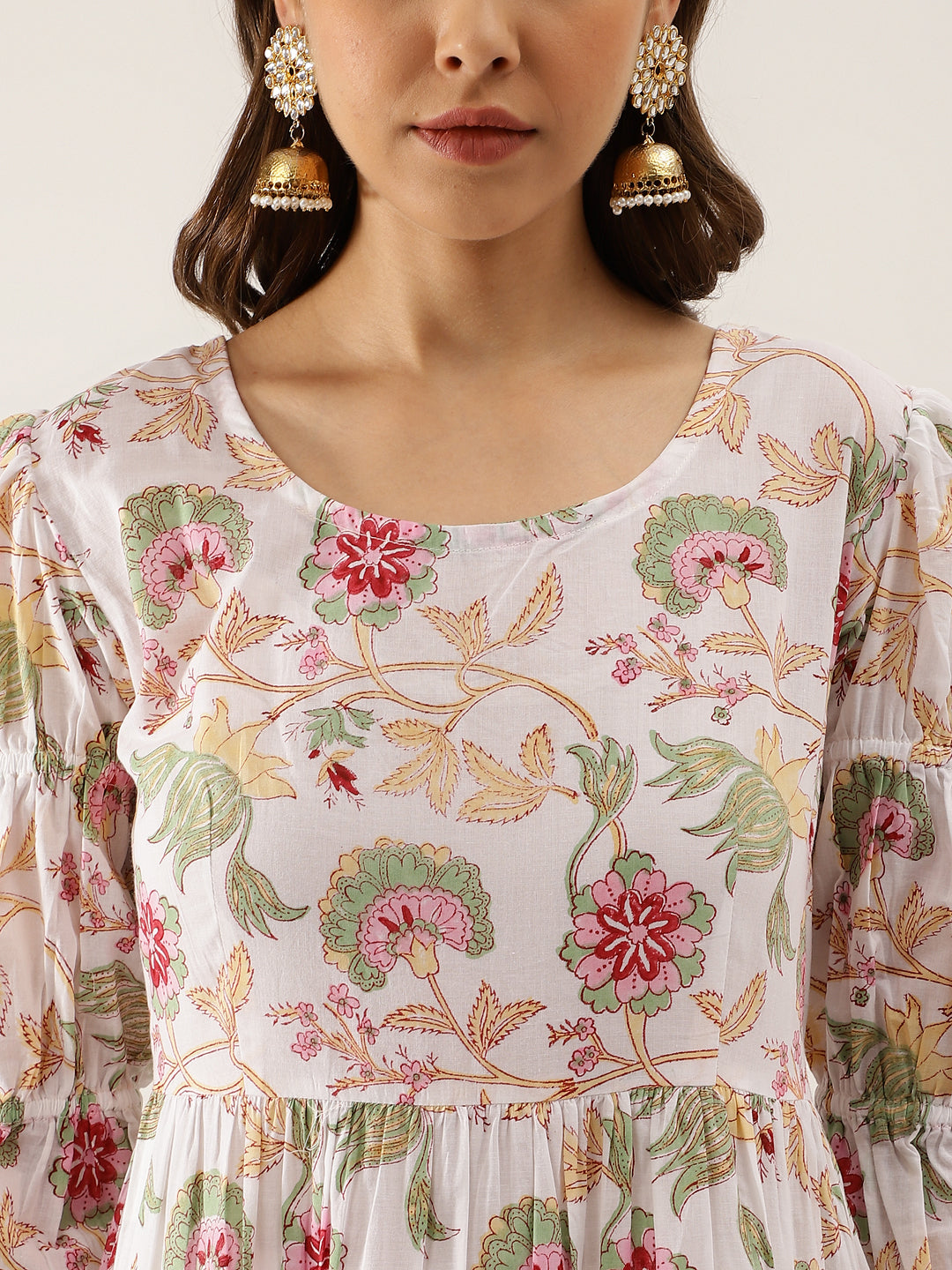 Noe Velarro White Handblock Floral Printed Cotton Anarkali Kurta Set with Kota Doria Dupatta