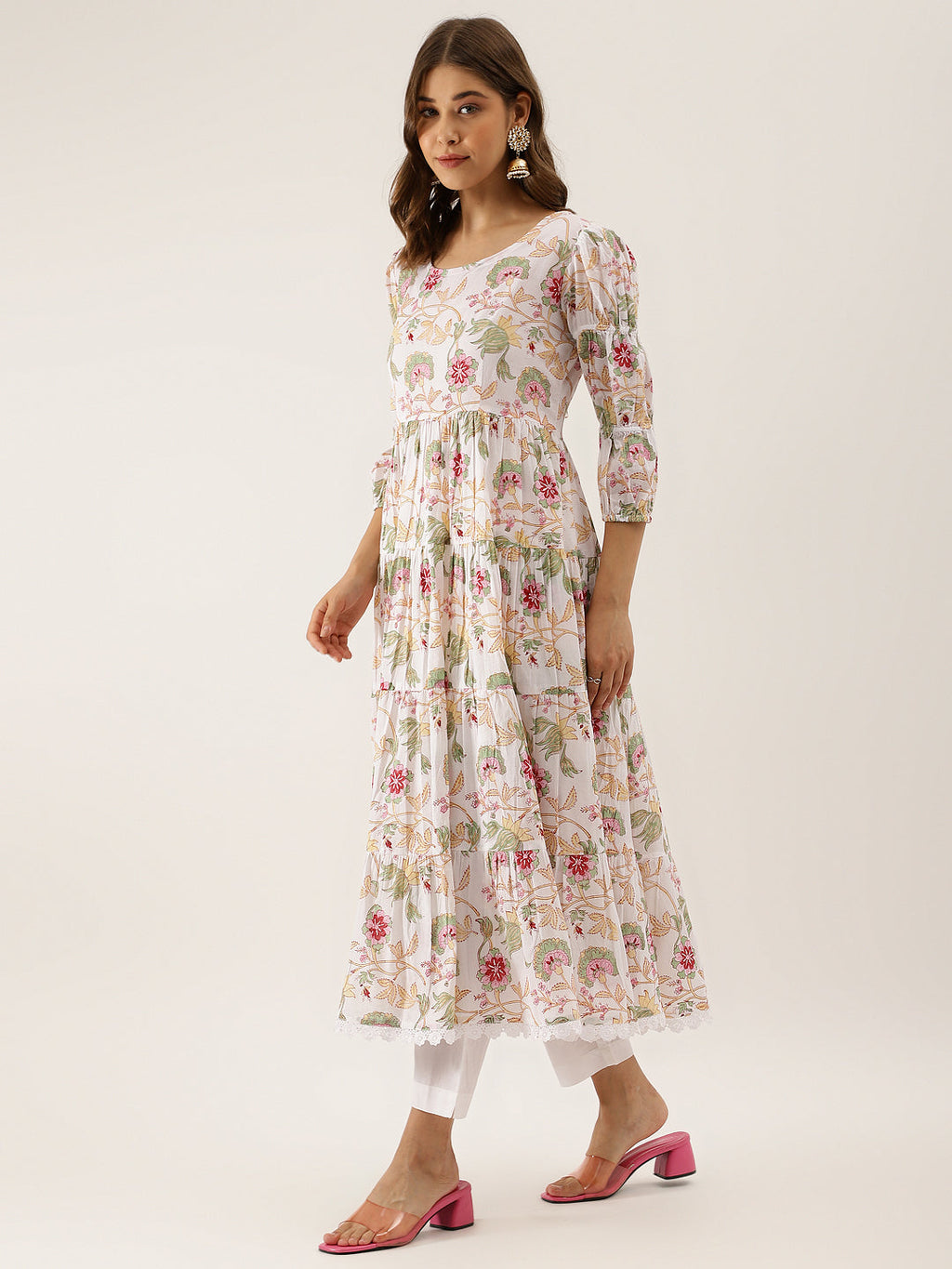 Noe Velarro White Handblock Floral Printed Cotton Anarkali Kurta Set with Kota Doria Dupatta