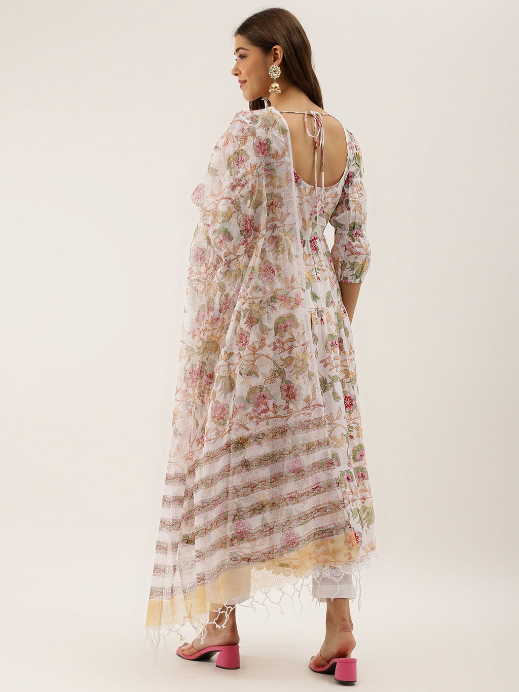 Noe Velarro White Handblock Floral Printed Cotton Anarkali Kurta Set with Kota Doria Dupatta