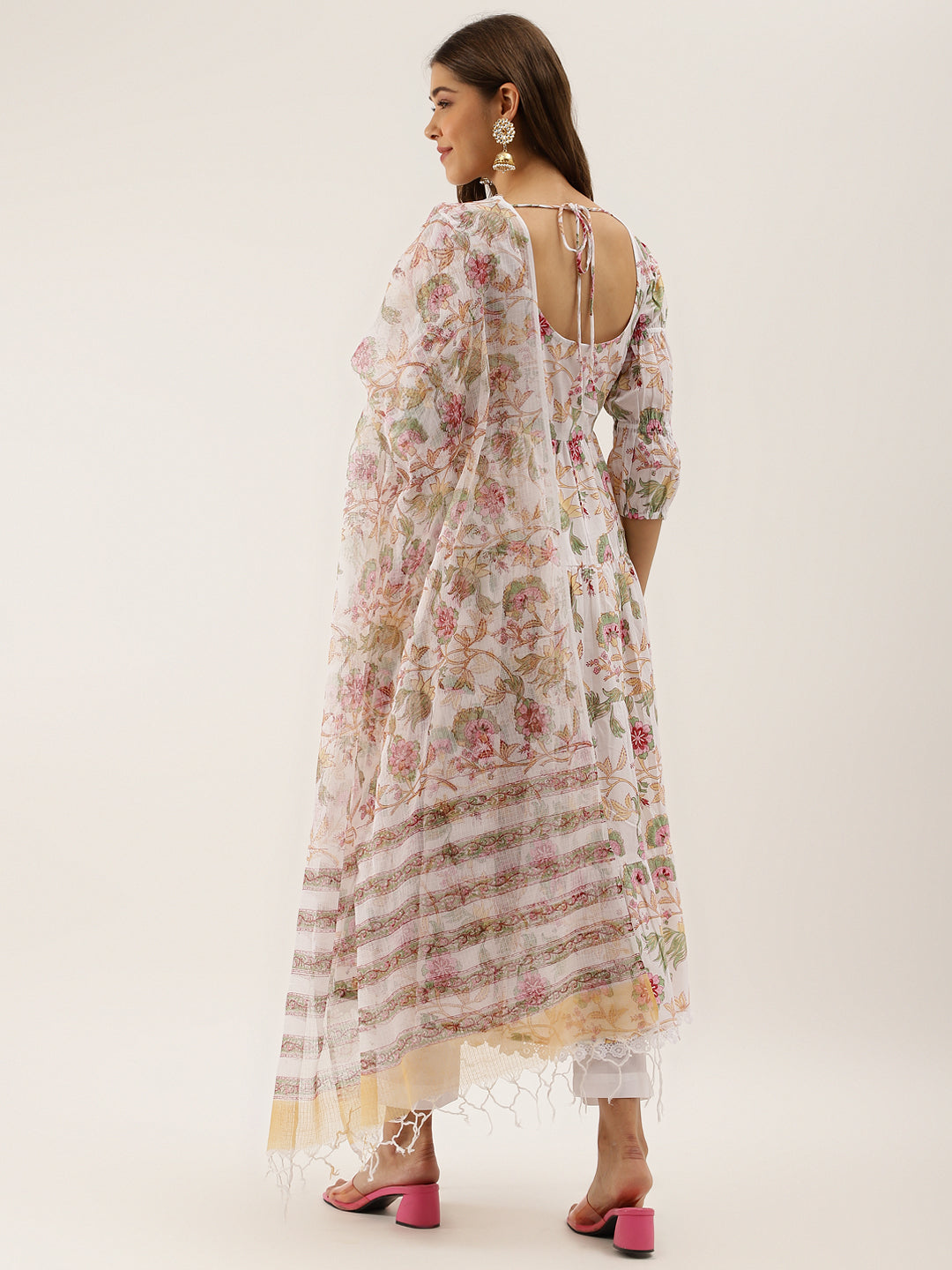 Noe Velarro White Handblock Floral Printed Cotton Anarkali Kurta Set with Kota Doria Dupatta