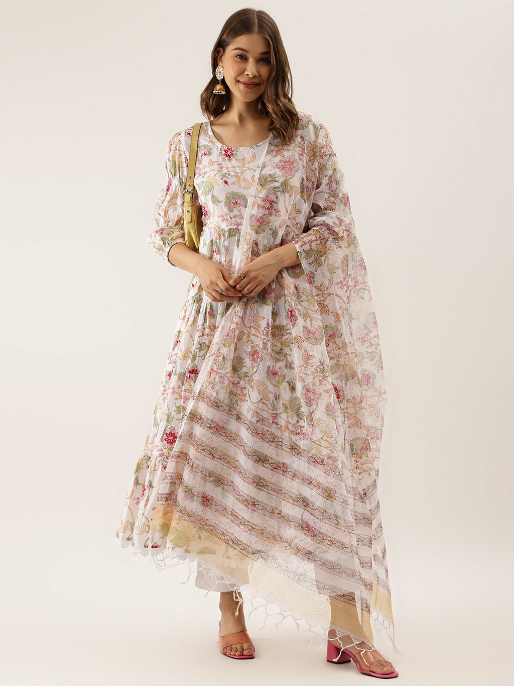 Noe Velarro White Handblock Floral Printed Cotton Anarkali Kurta Set with Kota Doria Dupatta