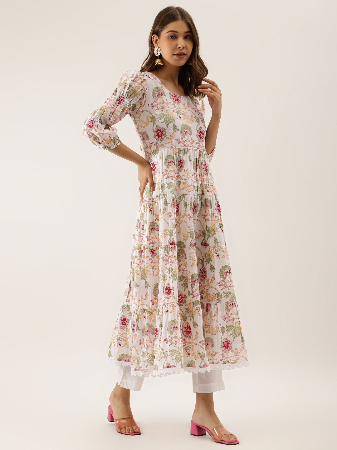 Noe Velarro White Handblock Floral Printed Cotton Anarkali Kurta Set with Kota Doria Dupatta