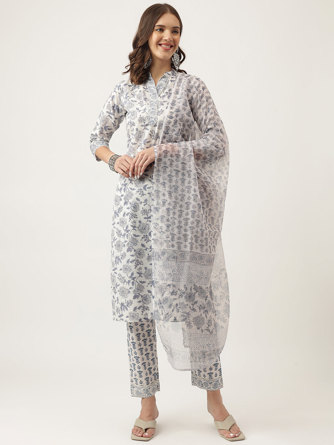 Noe Velarro Sky Blue Floral HandBlock Printed Cotton Straight Kurta, trousers with Dupatta Set