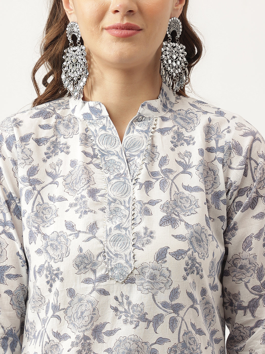 Noe Velarro Sky Blue Floral HandBlock Printed Cotton Straight Kurta, trousers with Dupatta Set