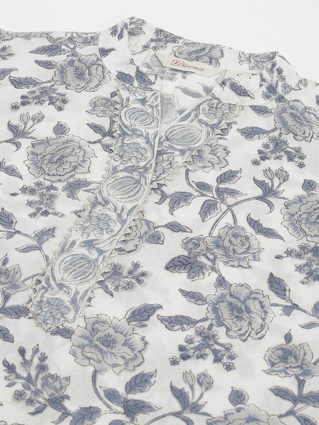 Noe Velarro Sky Blue Floral HandBlock Printed Cotton Straight Kurta, trousers with Dupatta Set