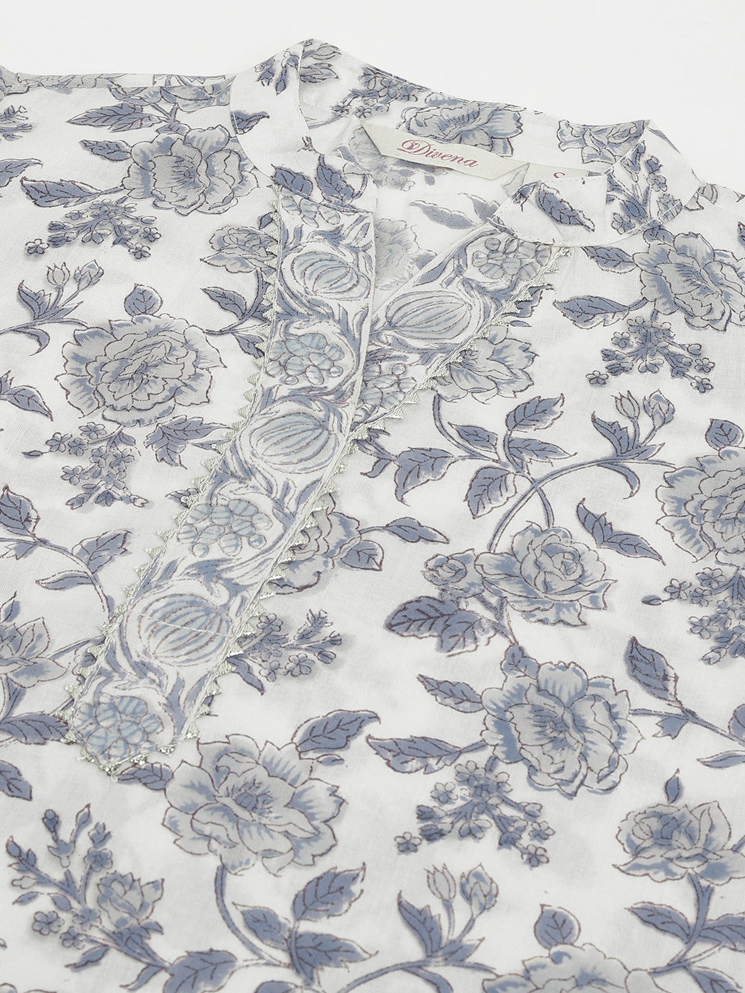 Noe Velarro Sky Blue Floral HandBlock Printed Cotton Straight Kurta, trousers with Dupatta Set