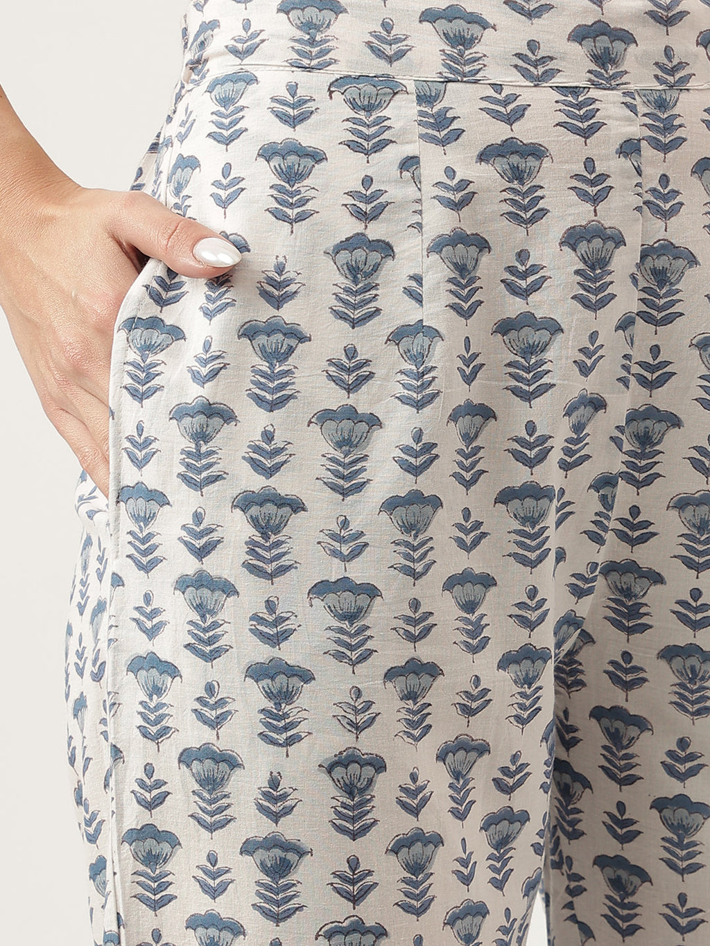 Noe Velarro Sky Blue Floral HandBlock Printed Cotton Straight Kurta, trousers with Dupatta Set