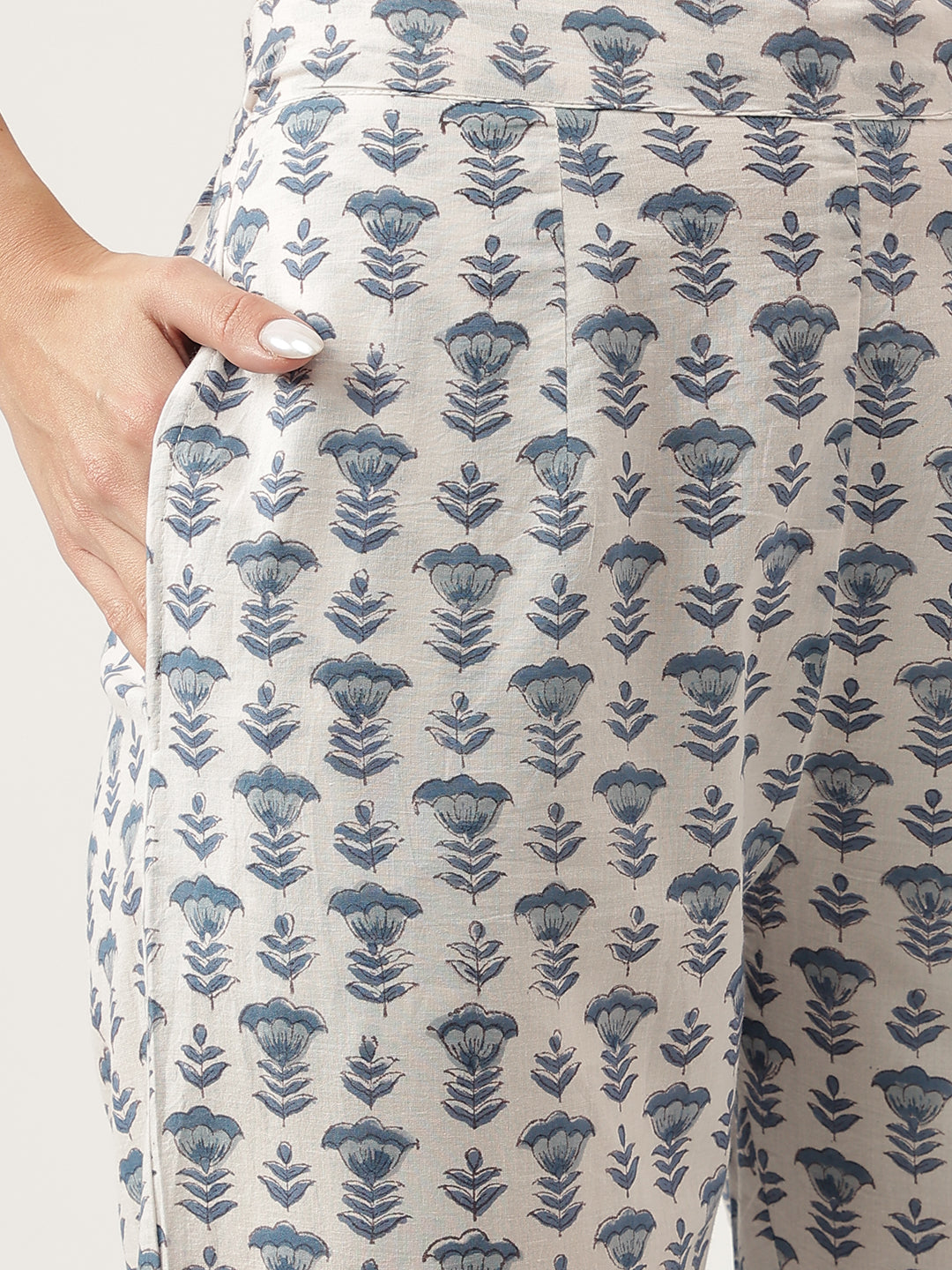 Noe Velarro Sky Blue Floral HandBlock Printed Cotton Straight Kurta, trousers with Dupatta Set